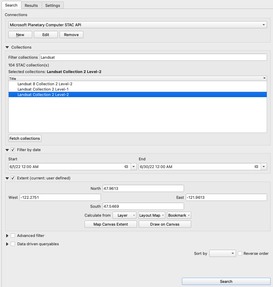 Screenshot of QGIS STAC API Browser plugin search box with available filters selected